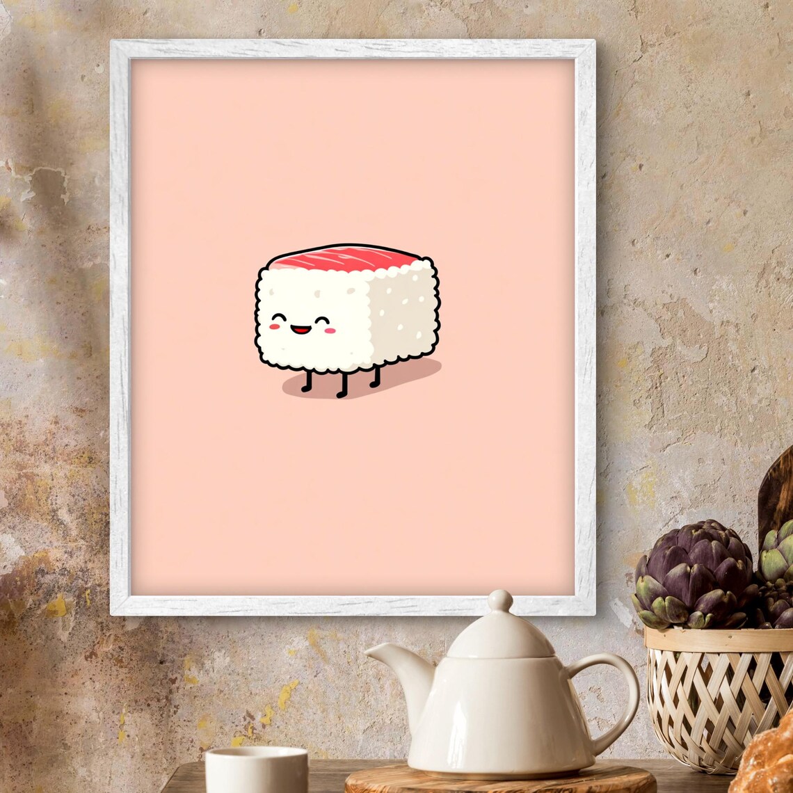 Smiling Sushi Roll Kawaii Cute Kitchen Japanese Food Art Poster