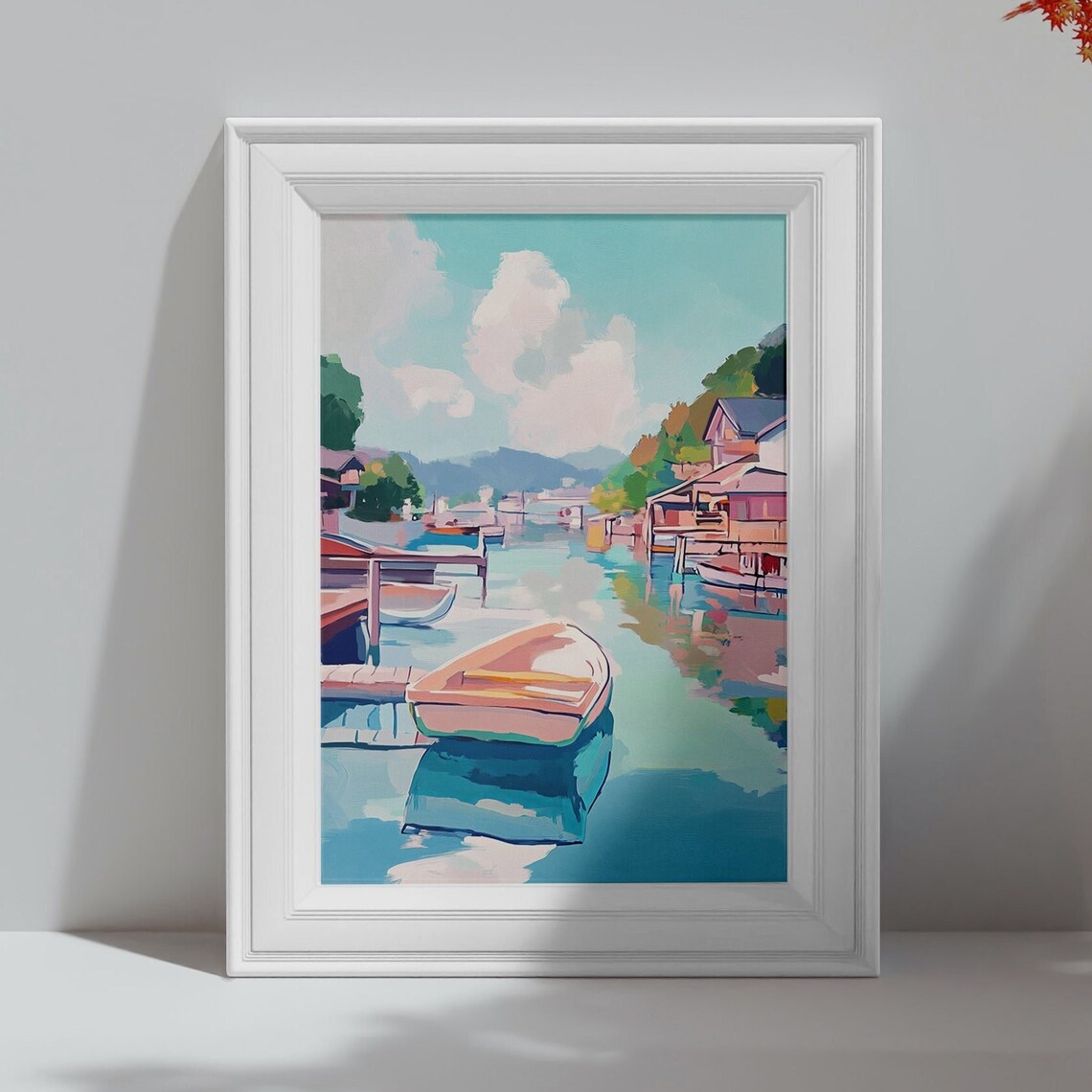 Lakeside Fishing Village With Boat Colorful Harbor Art Poster - Image 4