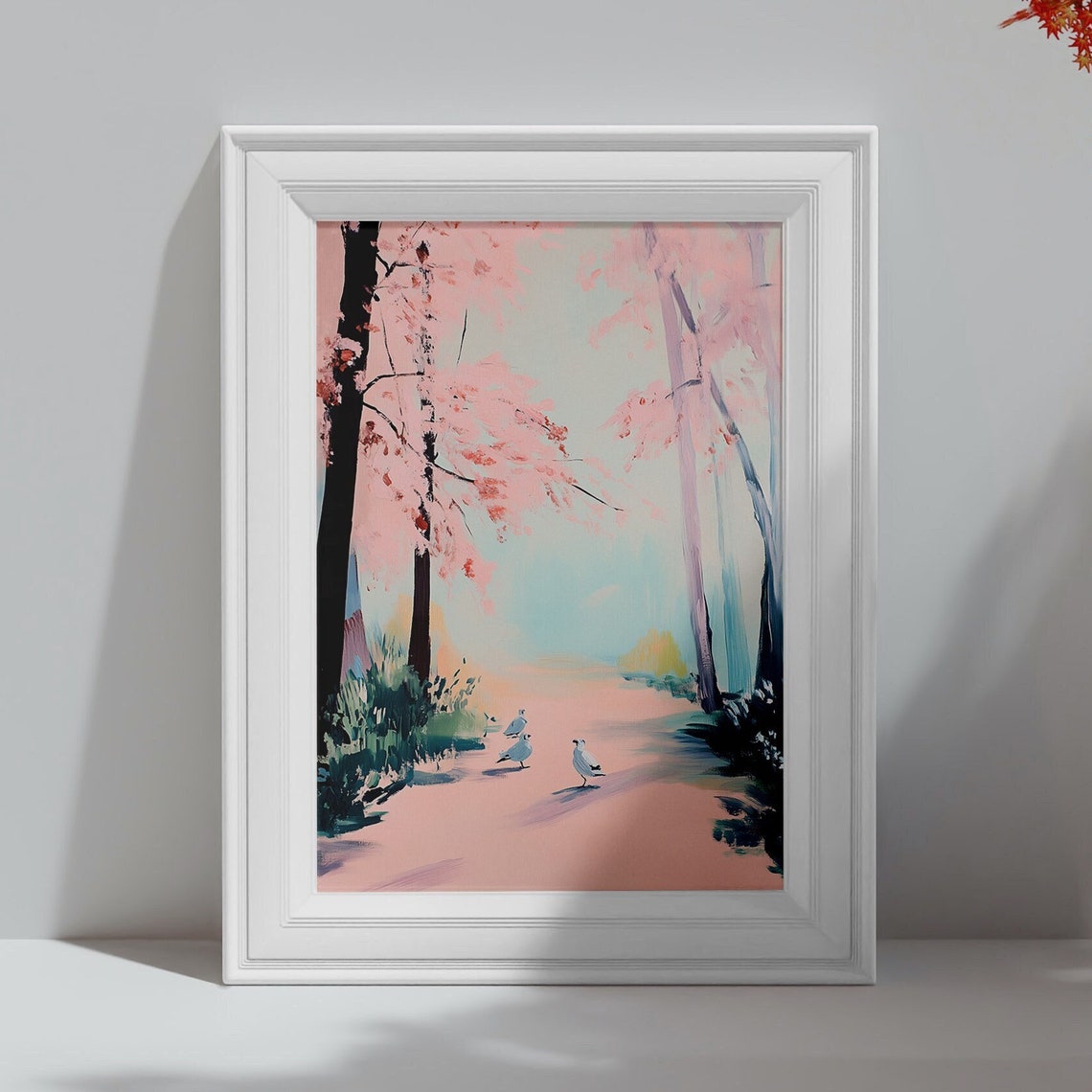 Cherry Blossom Trees Pink Path Seagulls Spring Coastal Art Poster - Image 4