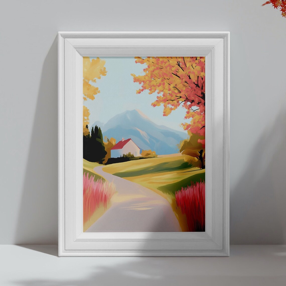 Autumn Countryside Cottage Red Roof Golden Path Pastel Art Poster - Image 4