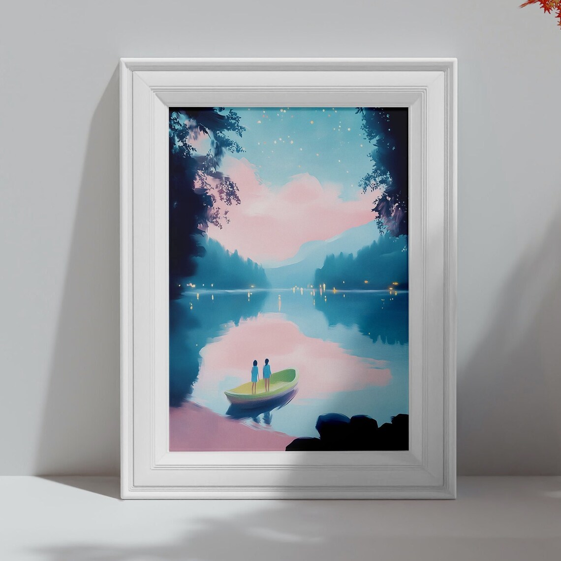 Two People in a Boat on a Twilight Lake Pastel Mountain View Art Poster - Image 4