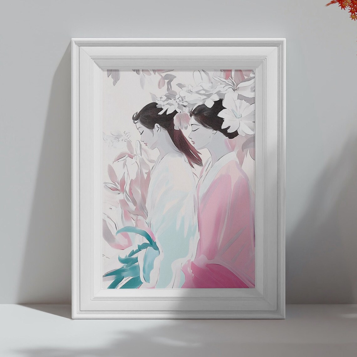 Two Geisha Women in Soft Watercolor Pink Floral Portrait Art Poster Print - Image 4