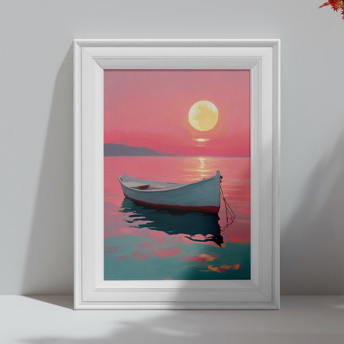 White Rowboat on a Pink Sunset Sea Peaceful Ocean Wall Art Poster Print - Image 4