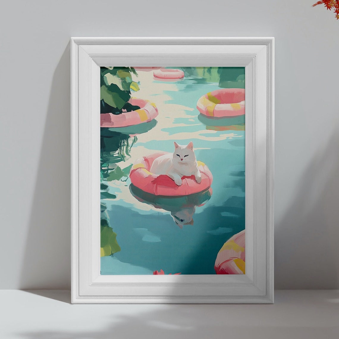 Funny Lazy White Cat on Pink Float Turquoise Summer Pool Poster - Image 4