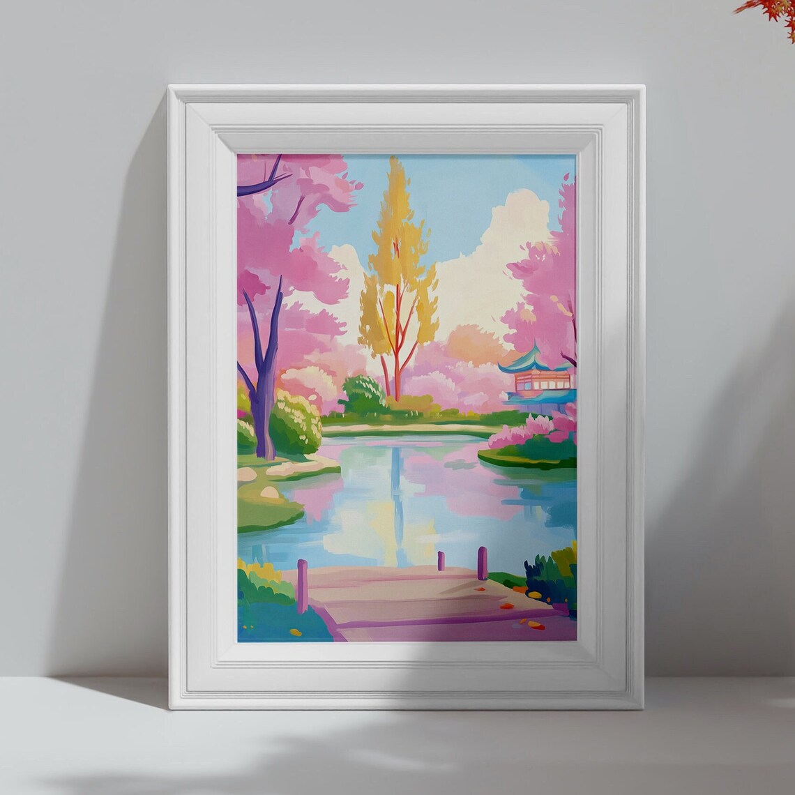 Colorful Lakeside Garden with Pagoda Cherry Blossom Pond Art Poster Print - Image 4