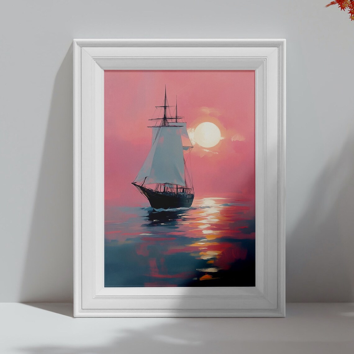 Tall Sailing Ship At Pink Sunset Ocean Pastel Seascape Poster - Image 4