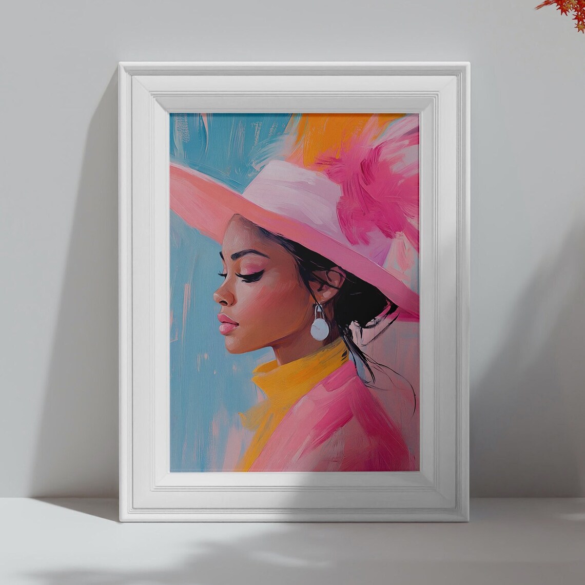 Woman in a Wide Brim Pink Hat Elegant Fashion Portrait Art Poster Print - Image 4