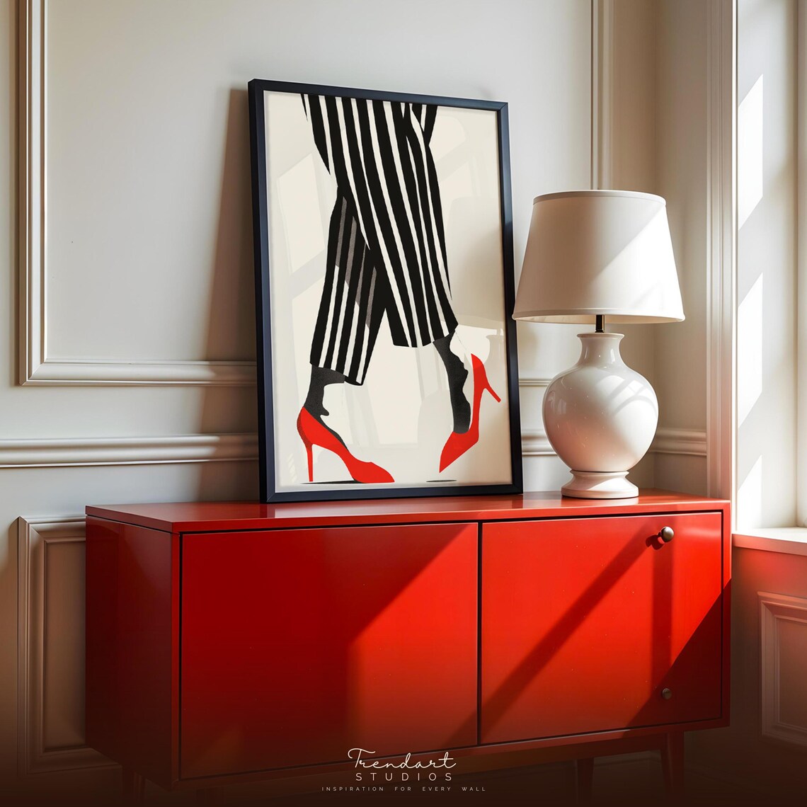 Minimalist Fashion Print, Striped Pants and Red Heels