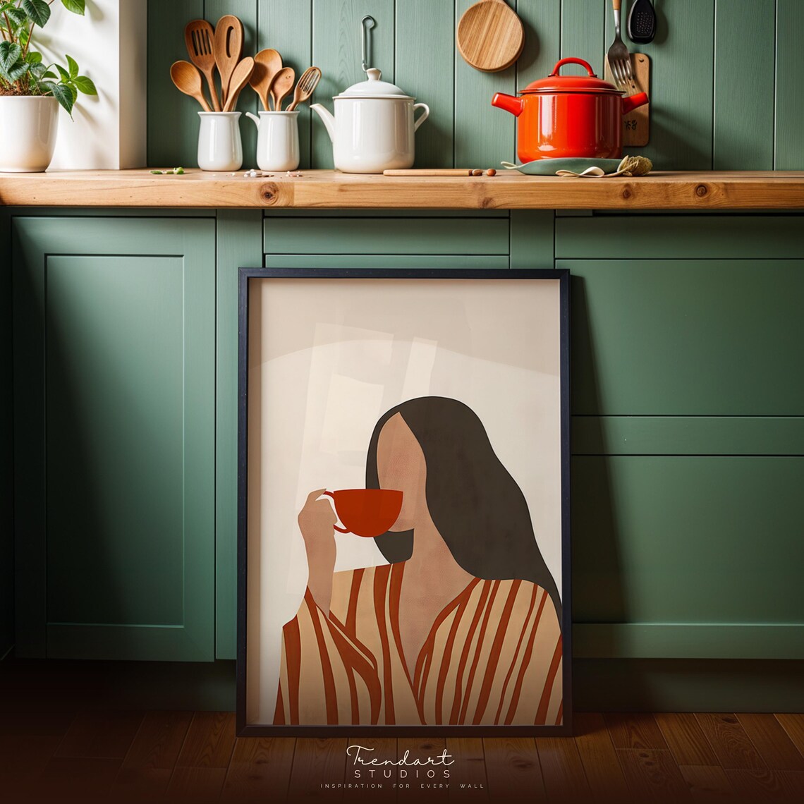 Boho Wall Art Morning Coffee Print Minimalist Woman Terracotta Kitchen Decor