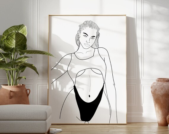 Chic Elegant Woman One Line Drawing Swimsuit Minimal Art Poster