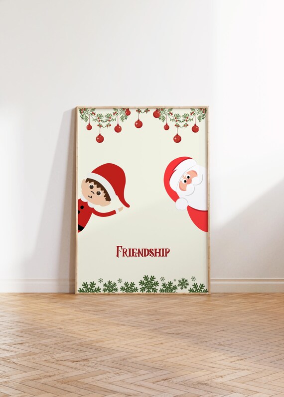 Friendship Santa Claus Elf Cute Cartoon Christmas Holiday Poster