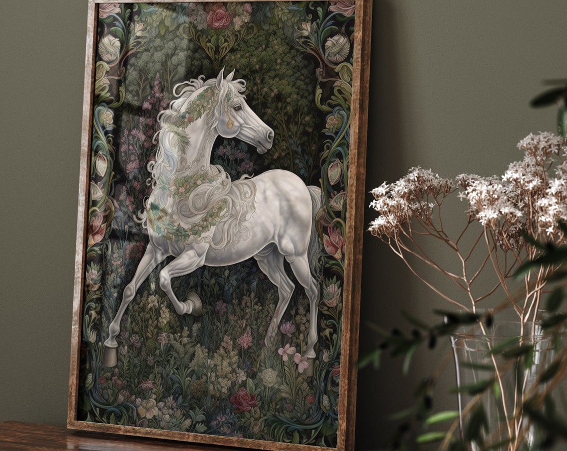 White Horse with Floral Mane Dark Millefleur Tapestry Poster
