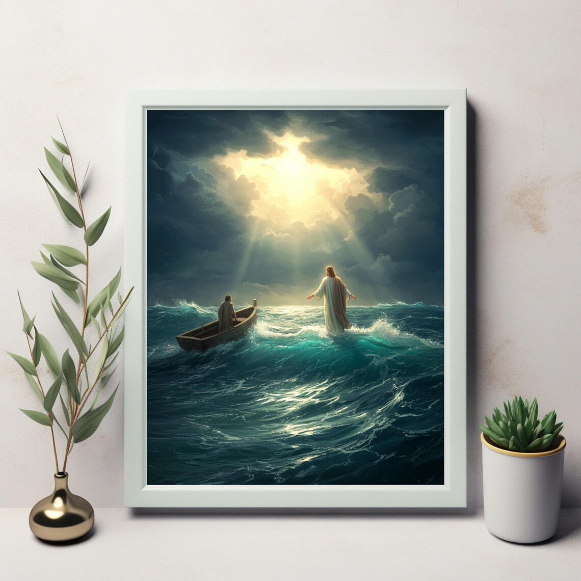 Christ Walking On Water Toward Boat In Stormy Sea Light Poster