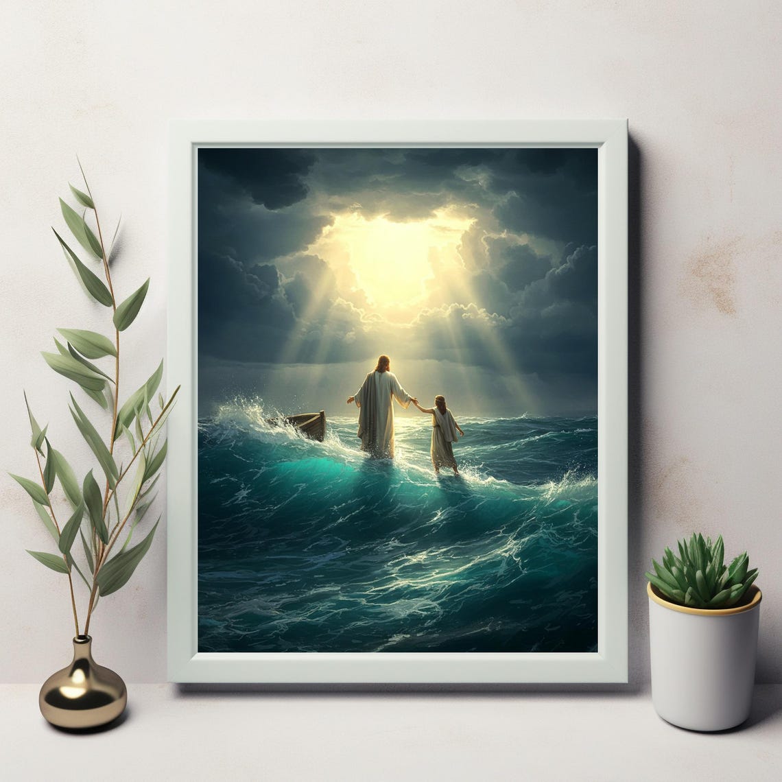 Christ Holding Childs Hand Walking On Water Waves Faith Poster