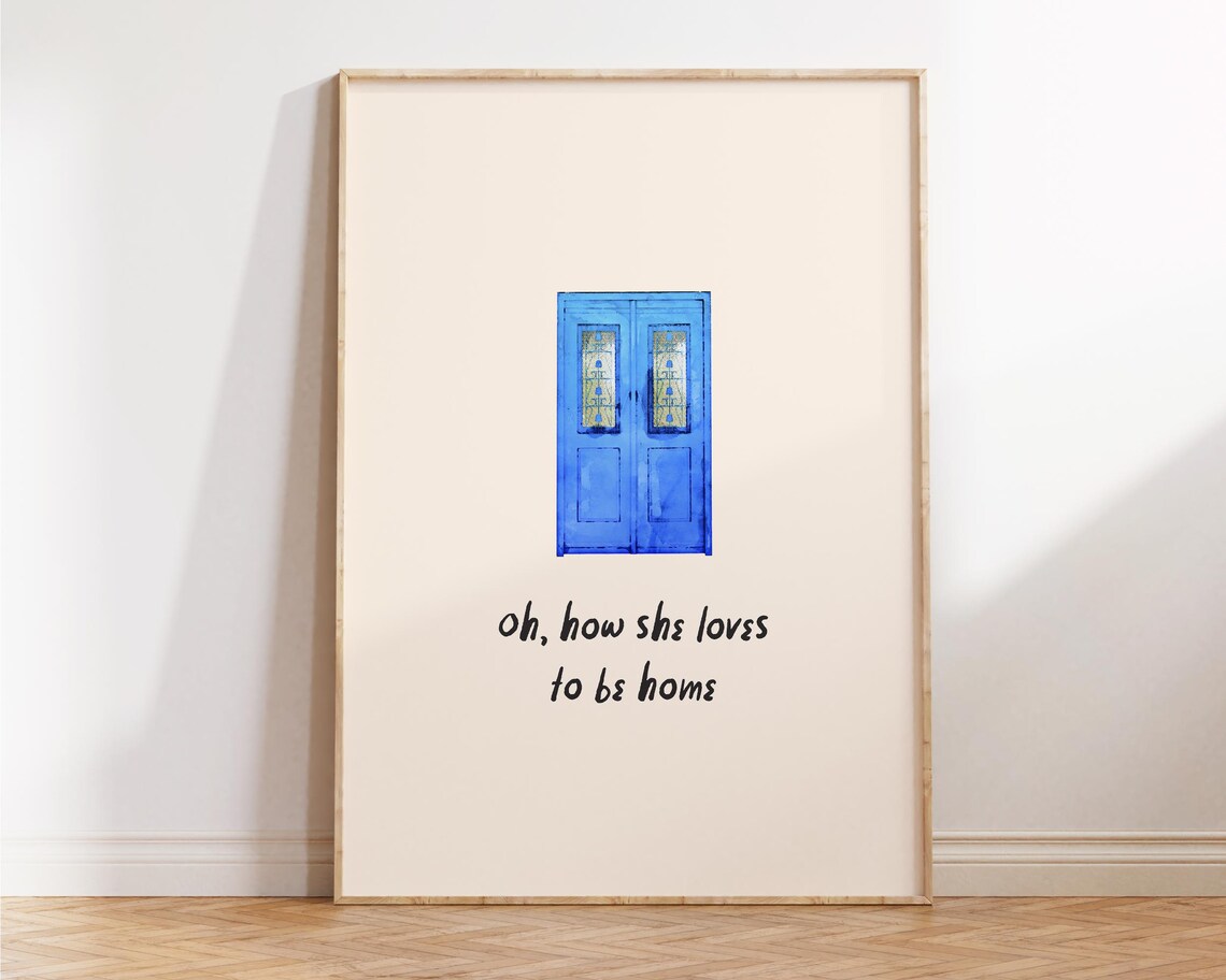 How She Loves To Be Home Blue Door Watercolor Quote Wall Art Poster