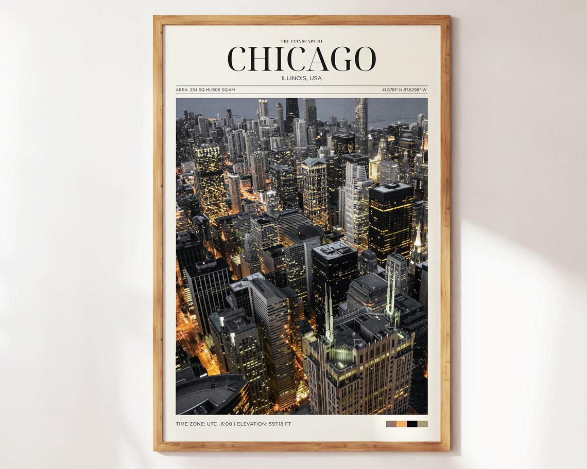 Chicago Night Cityscape Skyline Aerial Photography Travel Poster