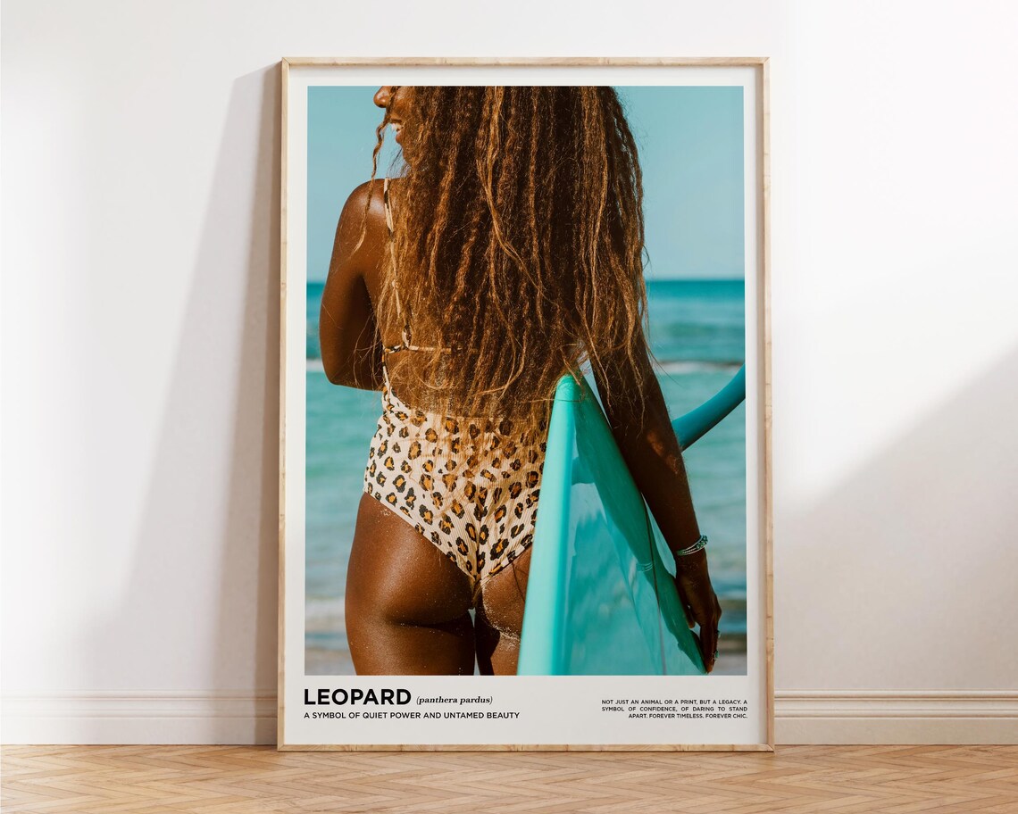 Leopard Swimsuit Surfer Girl Teal Board Beach Photo Wall Poster