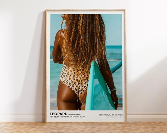 Leopard Swimsuit Surfer Girl Teal Board Beach Photo Wall Poster