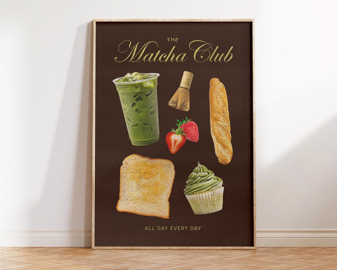 The Matcha Club Iced Latte Collage Brown Retro Cafe Foodie Poster - Image 4