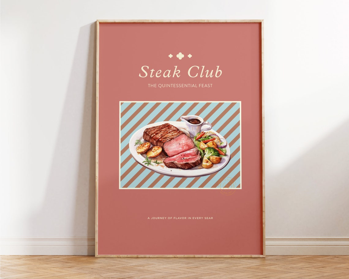 Steak Club Vintage Kitchen Meat Food Illustration Pink Poster