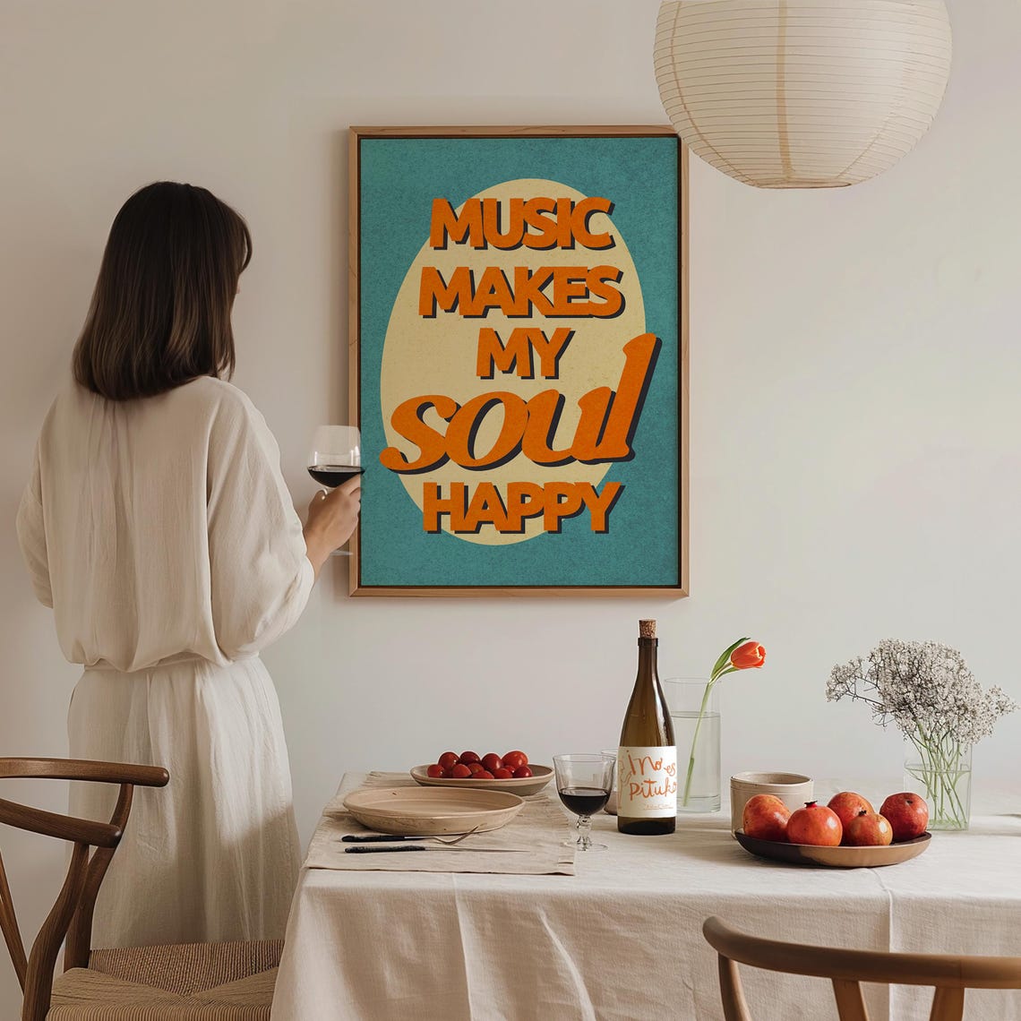 Music Makes My Soul Happy Orange Retro Quote Poster Teal Background - Image 2