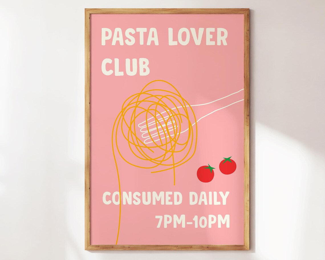 Pasta Lover Club Retro Vintage Kitchen Pink Foodie Humor Wall Art - Image 3
