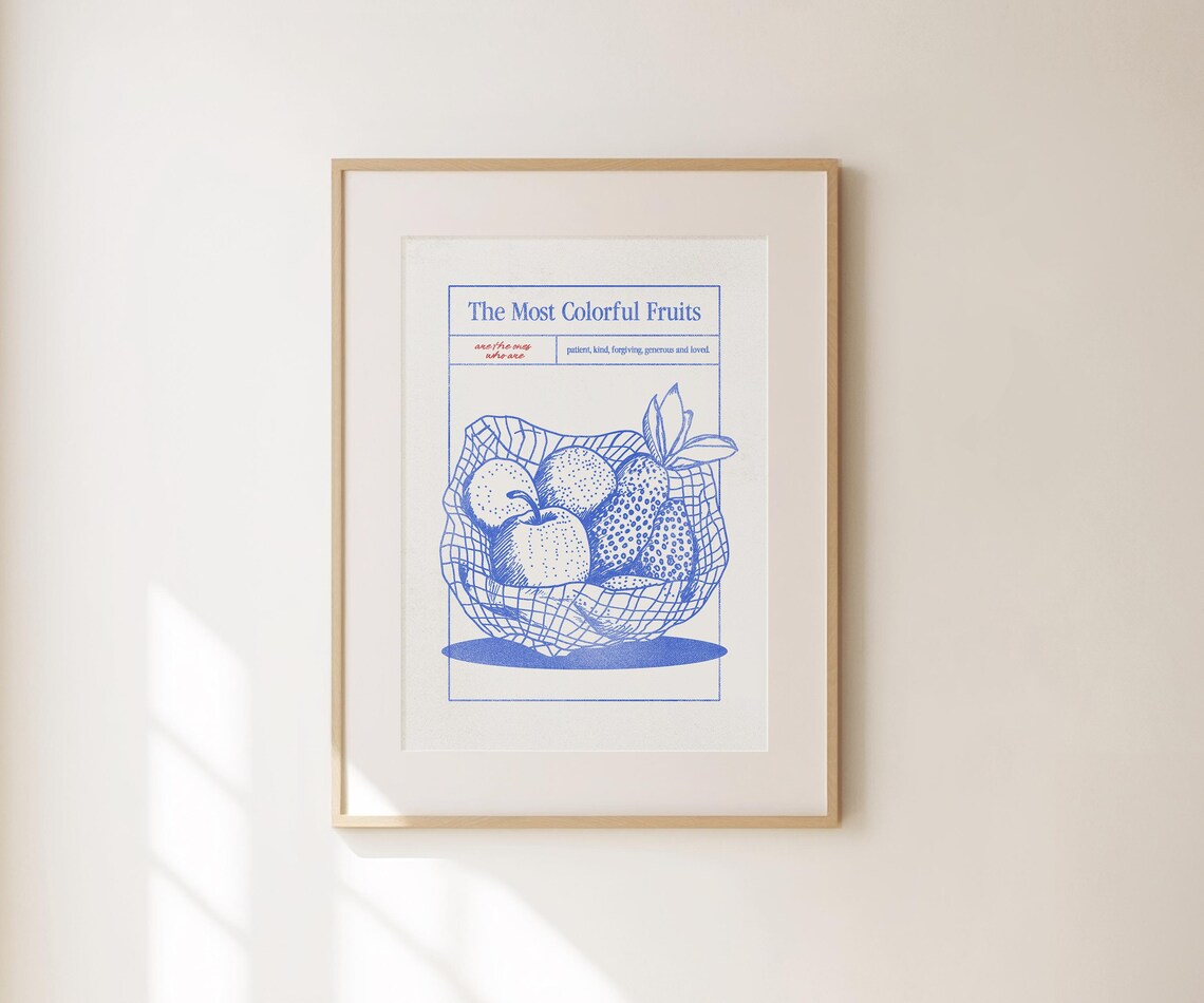 The Most Colorful Fruits Blue Kitchen Fruit Basket Line Art Poster - Image 4
