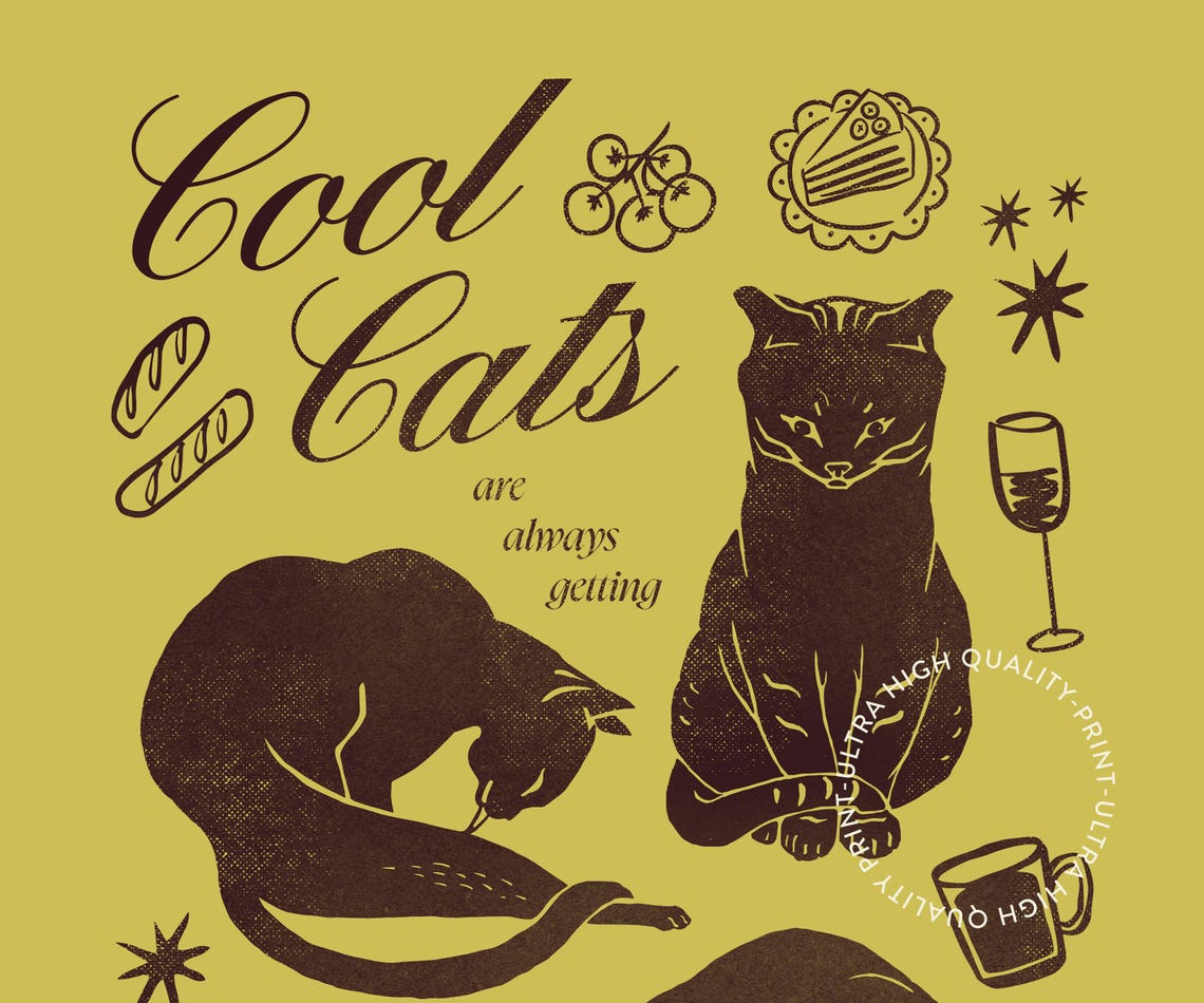 Cool Cats Brunch Funny Green Retro Cat Illustration Kitchen Poster - Image 5
