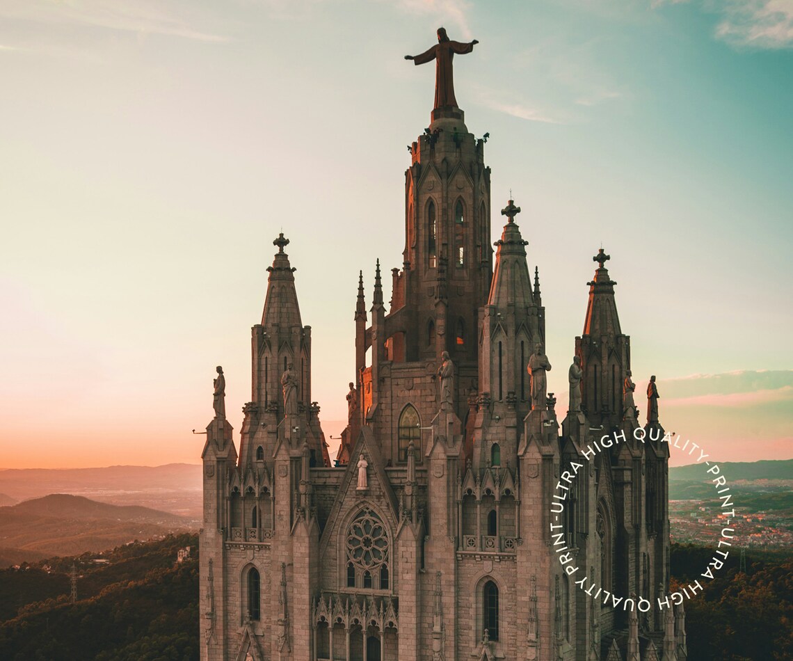 Barcelona Spain Tibidabo Sacred Heart Church Sunset Gothic Travel Poster - Image 5