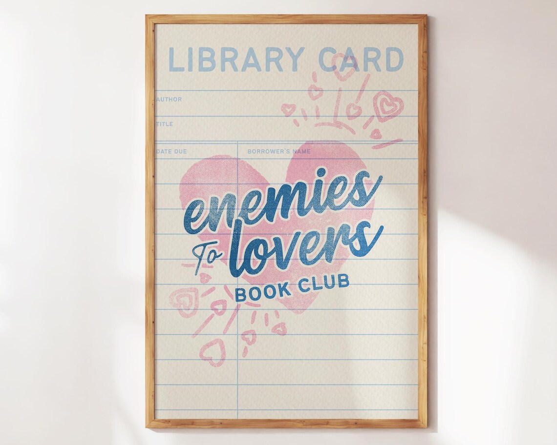 Enemies To Lovers Book Club Retro Library Card Pink Heart Art Poster