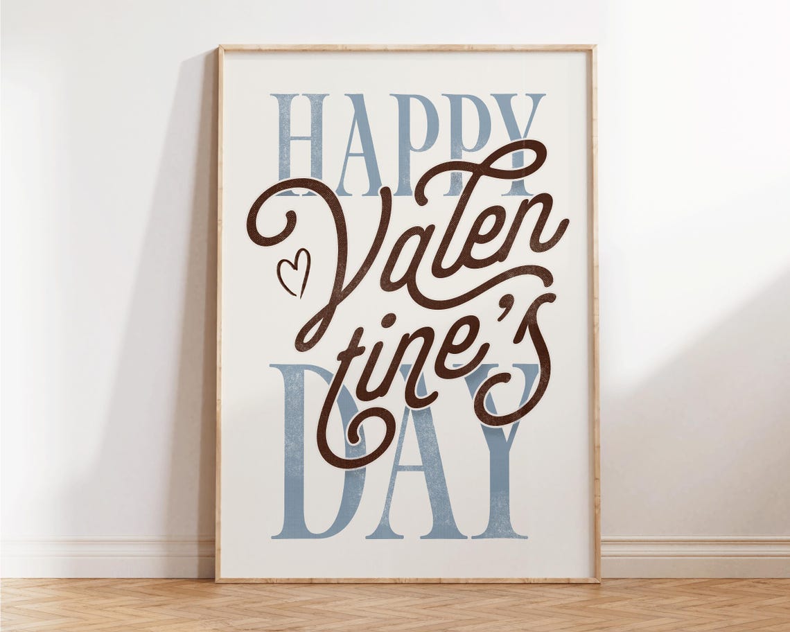 Happy Valentines Day Script Lettering Blue Brown Retro Wall Art Poster - Image 4