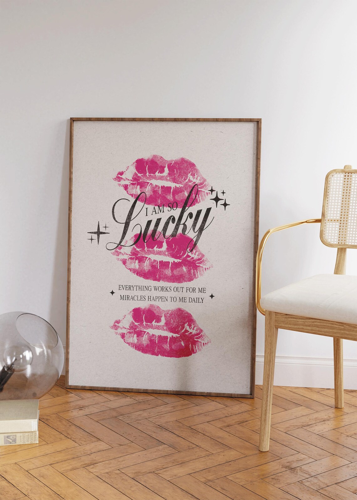 I Am So Lucky Lipstick Kiss Affirmation Pink Girly Bedroom Wall Print