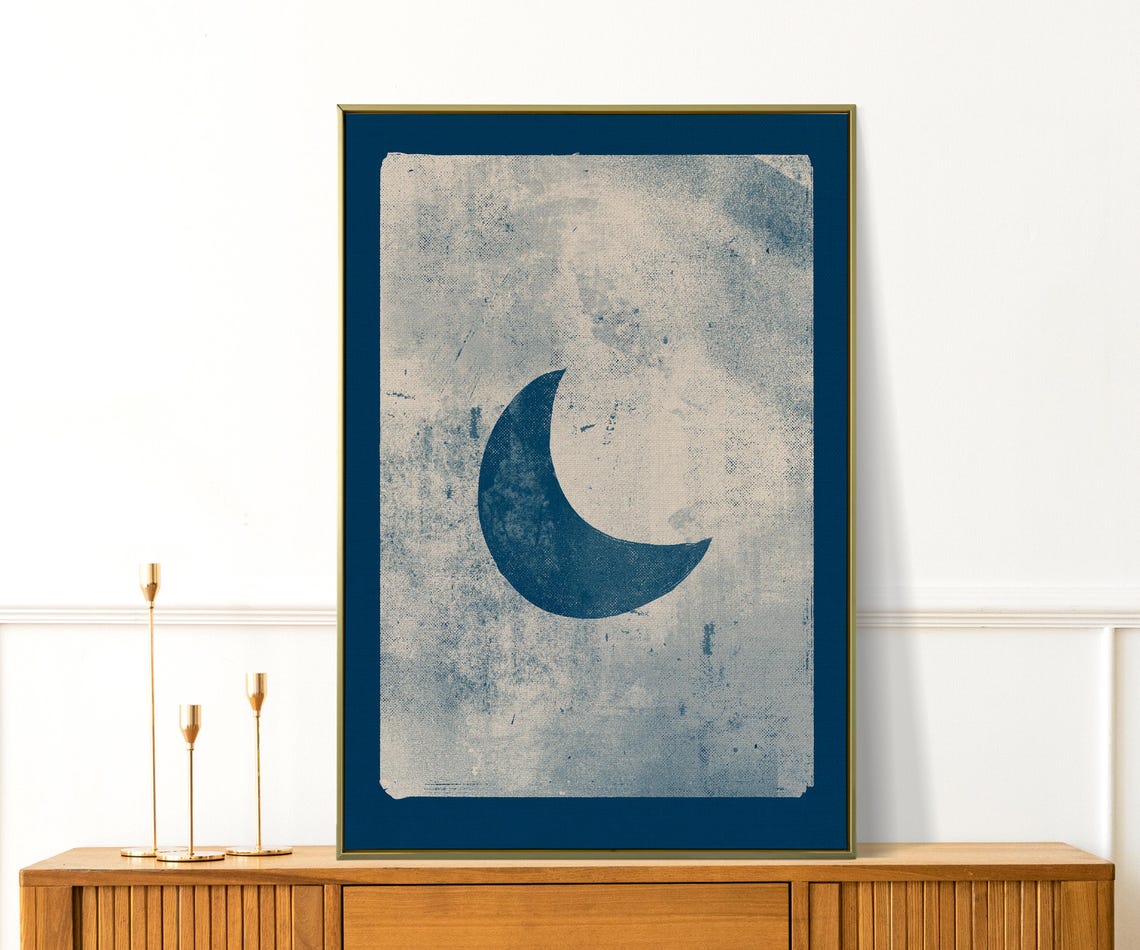 Navy Blue Crescent Moon Celestial Night Sky Vintage Style Poster - Image 3