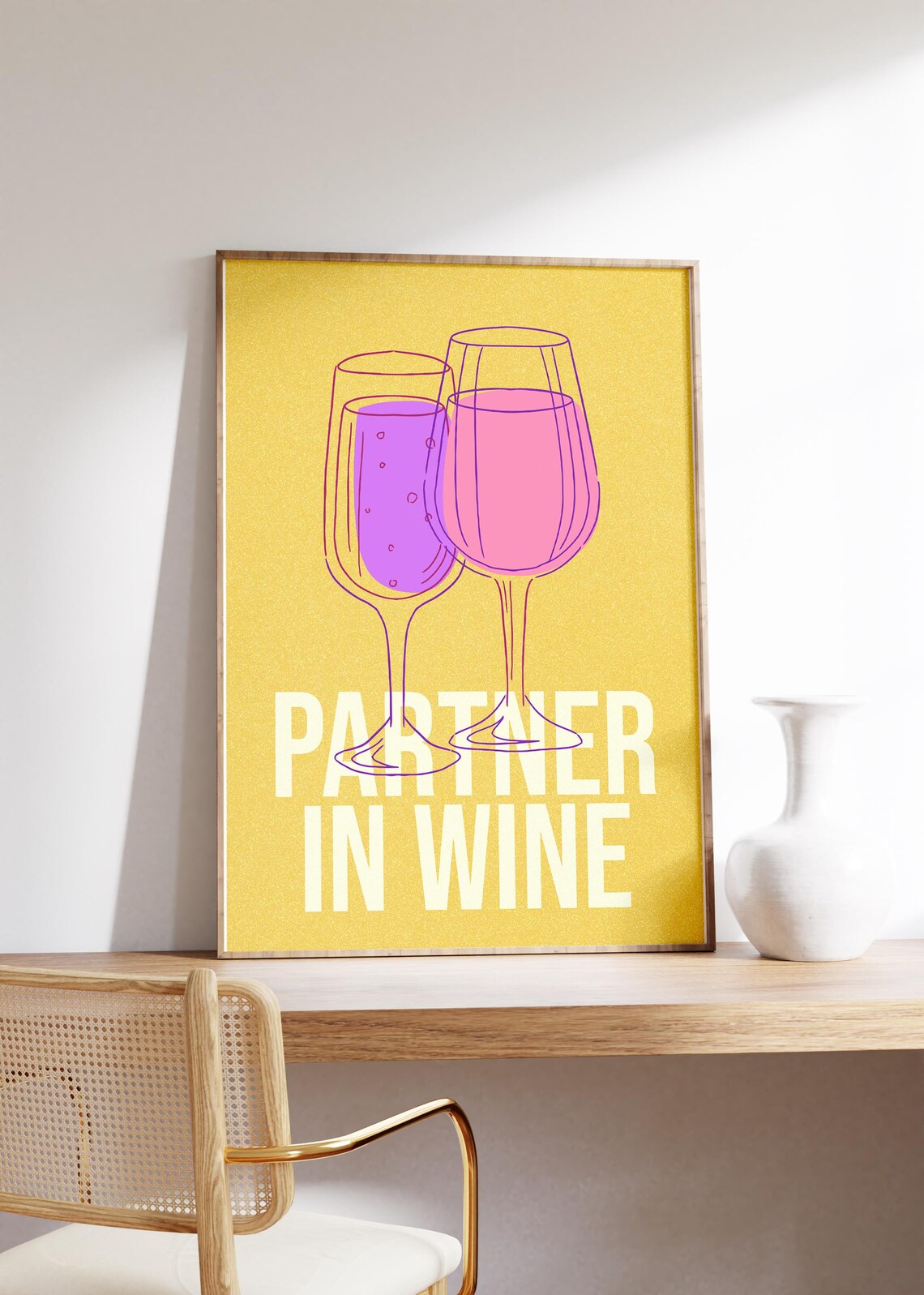 Partner In Wine Yellow Bar Cart Art Funny Wine Glasses Wall Poster
