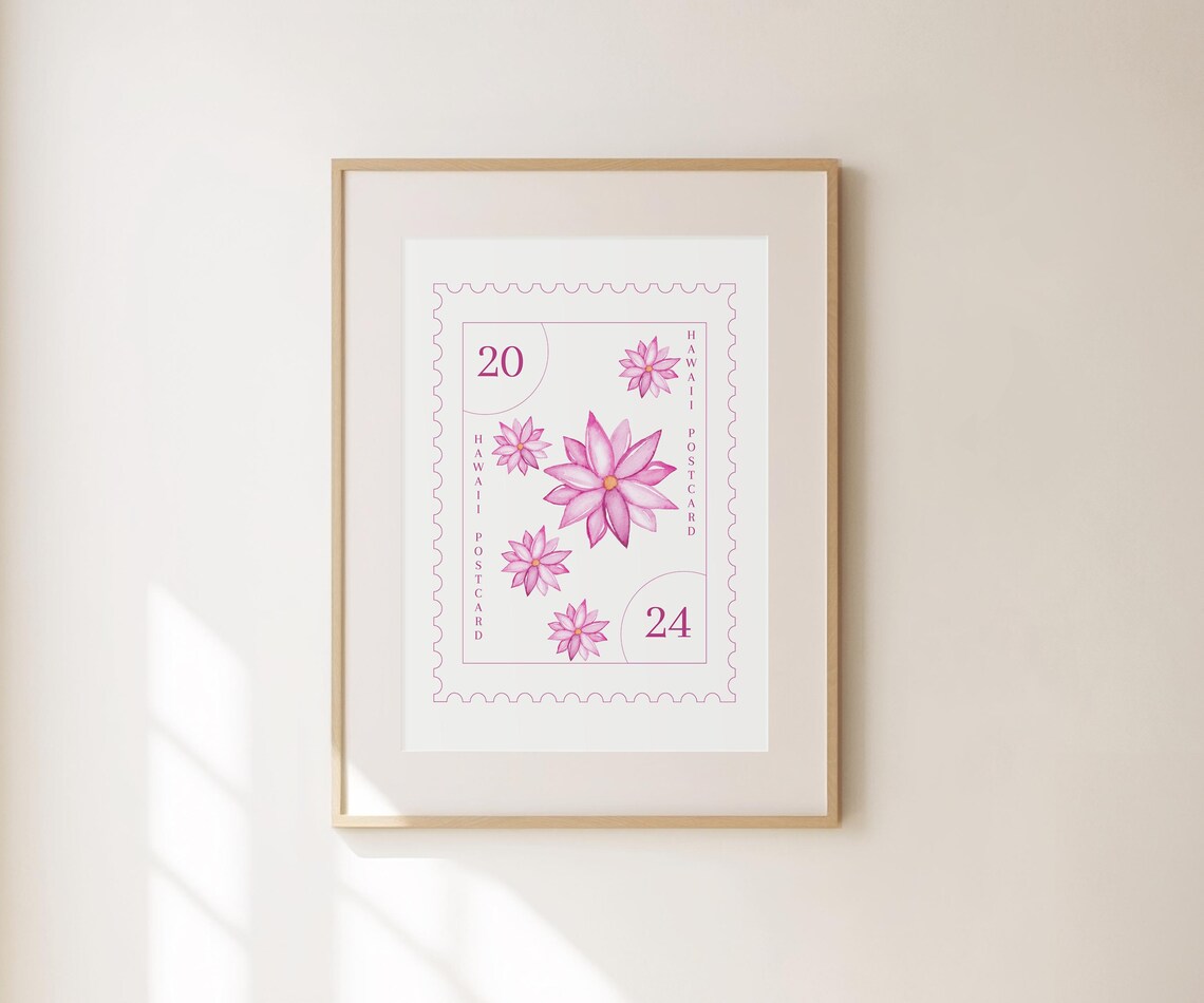 Hawaii Postcard Pink Floral Watercolor Botanical Stamp Wall Art Poster