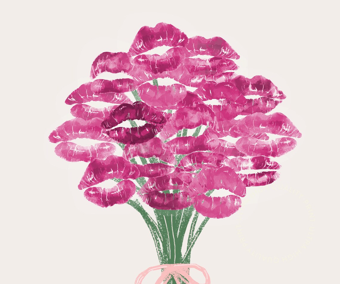Bouquet Of Kisses Pink Lipstick Print Retro Floral Bouquet Poster - Image 5