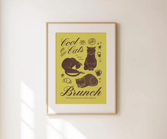 Cool Cats Brunch Funny Green Retro Cat Illustration Kitchen Poster