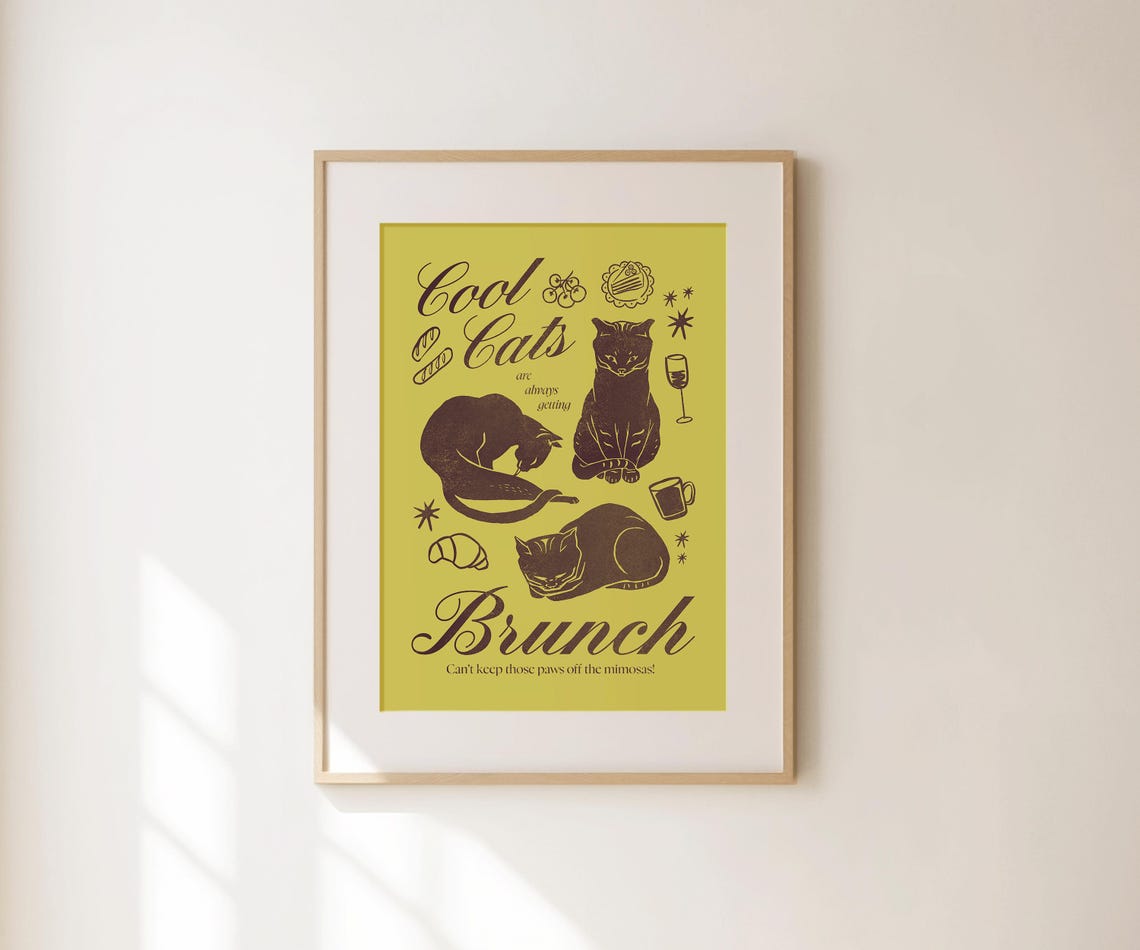 Cool Cats Brunch Funny Green Retro Cat Illustration Kitchen Poster