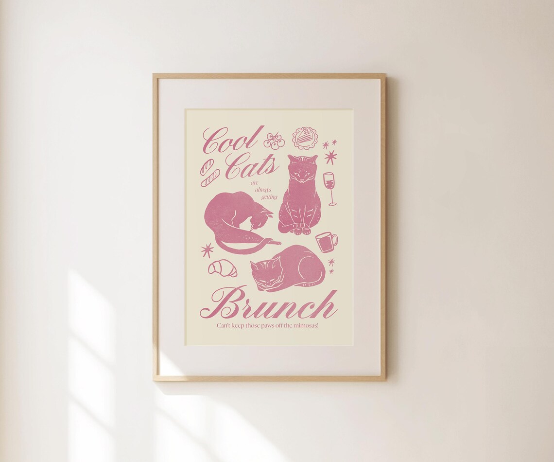 Cool Cats Brunch Funny Pink Retro Cat Illustration Kitchen Poster - Image 4