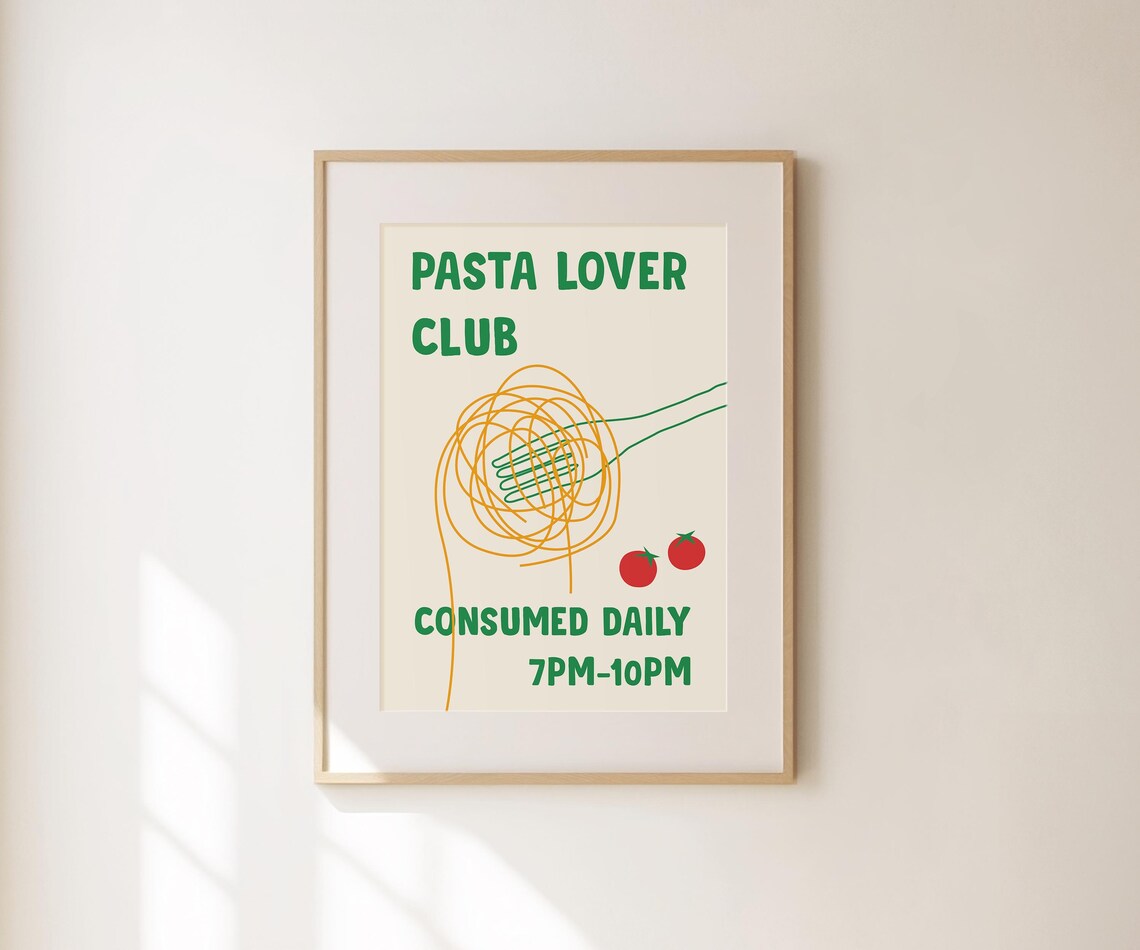 Pasta Lover Club Retro Kitchen Green Foodie Humor Poster Wall Decor - Image 4