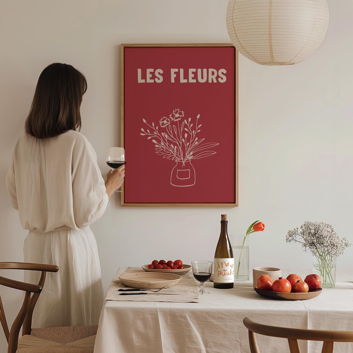 Les Fleurs French Red Botanical Flower Vase Line Art Retro Poster - Image 3