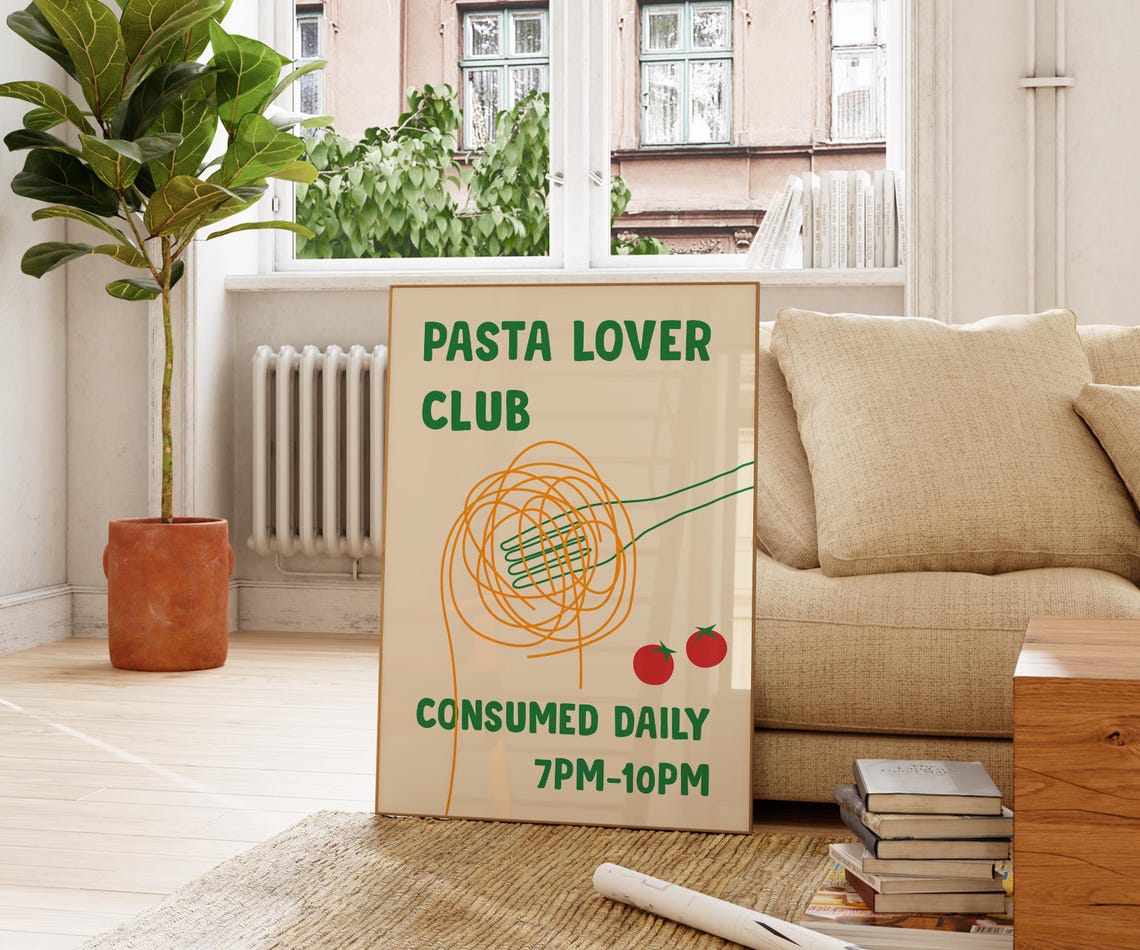 Pasta Lover Club Retro Kitchen Green Foodie Humor Poster Wall Decor - Image 3