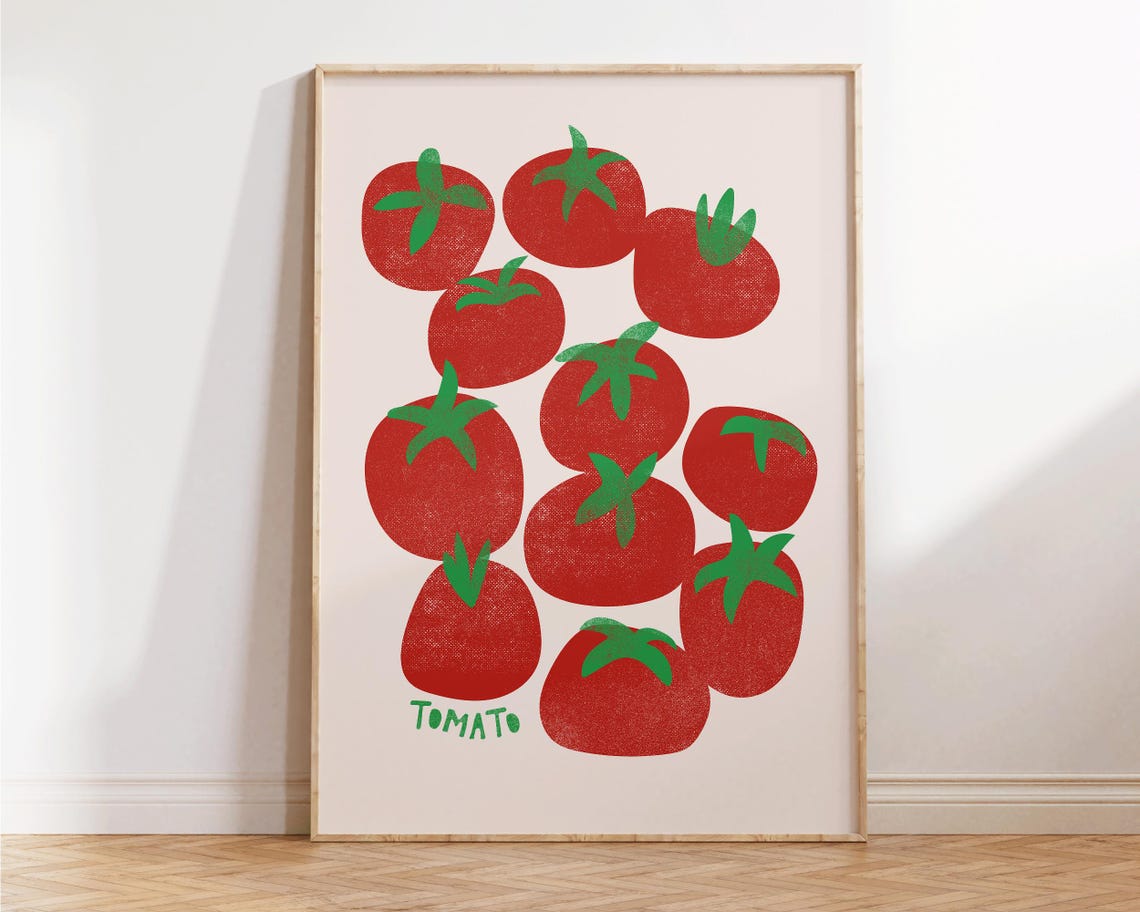 Tomato Retro Fruit Illustration Aesthetic Kitchen Red Pattern Wall Art