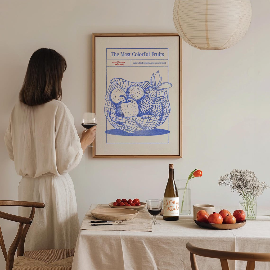 The Most Colorful Fruits Blue Kitchen Fruit Basket Line Art Poster - Image 2