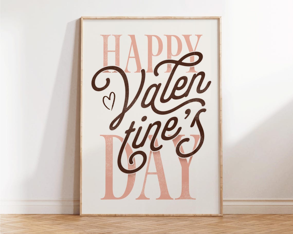 Happy Valentines Day Blush Pink Script Brown Romantic Wall Art Poster