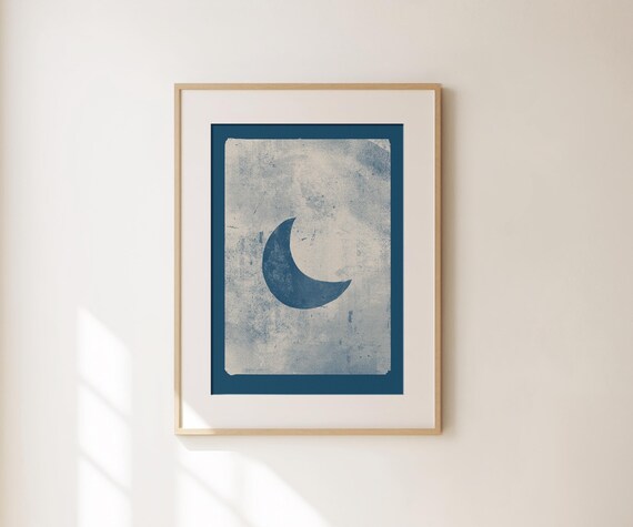 Navy Blue Crescent Moon Celestial Night Sky Vintage Style Poster