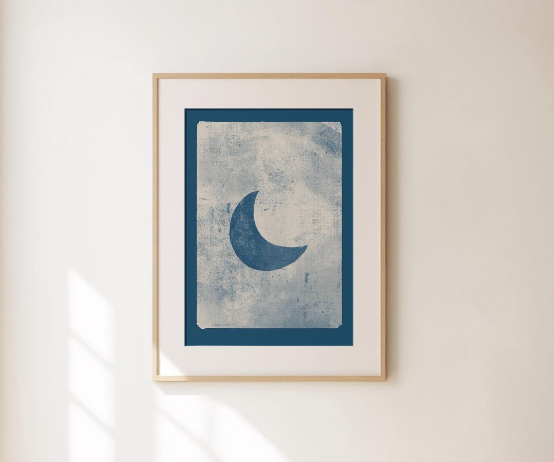 Navy Blue Crescent Moon Celestial Night Sky Vintage Style Poster