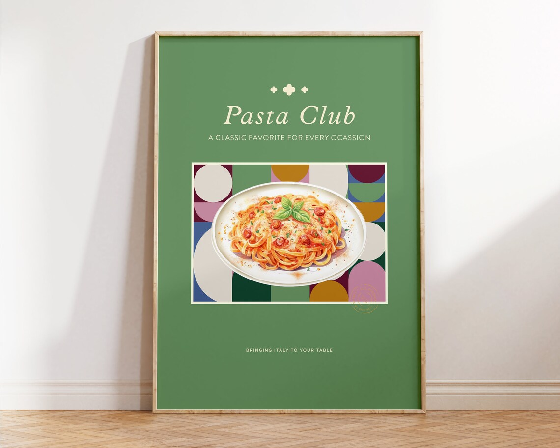 Green Pasta Club Spaghetti Plate Retro Italian Kitchen Wall Art Poster