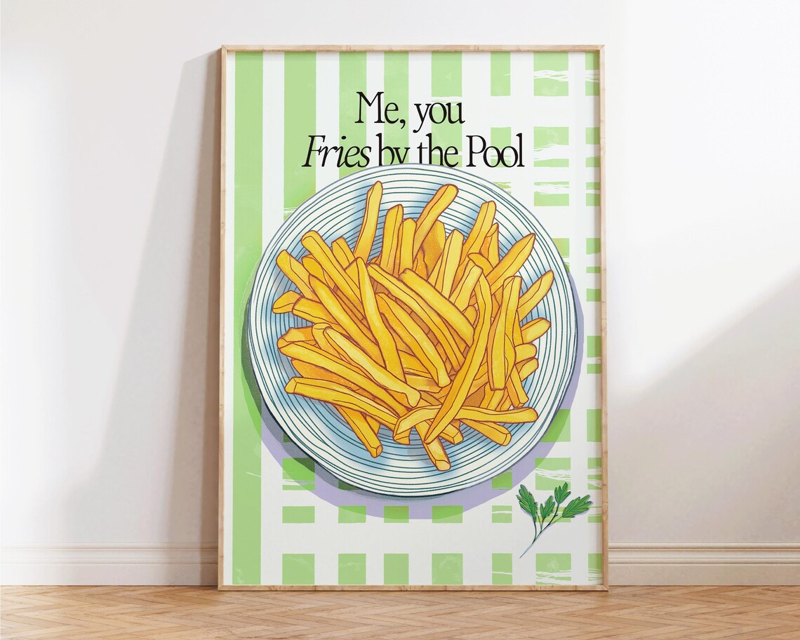 Fries By The Pool Green Kitchen Food Illustration Retro Wall Poster - Image 3