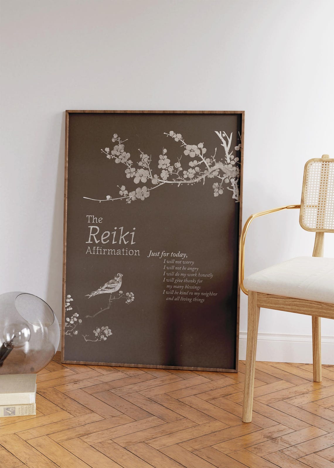 Reiki Affirmation Dark Plum Blossom Bird Zen Wellness Quote Poster